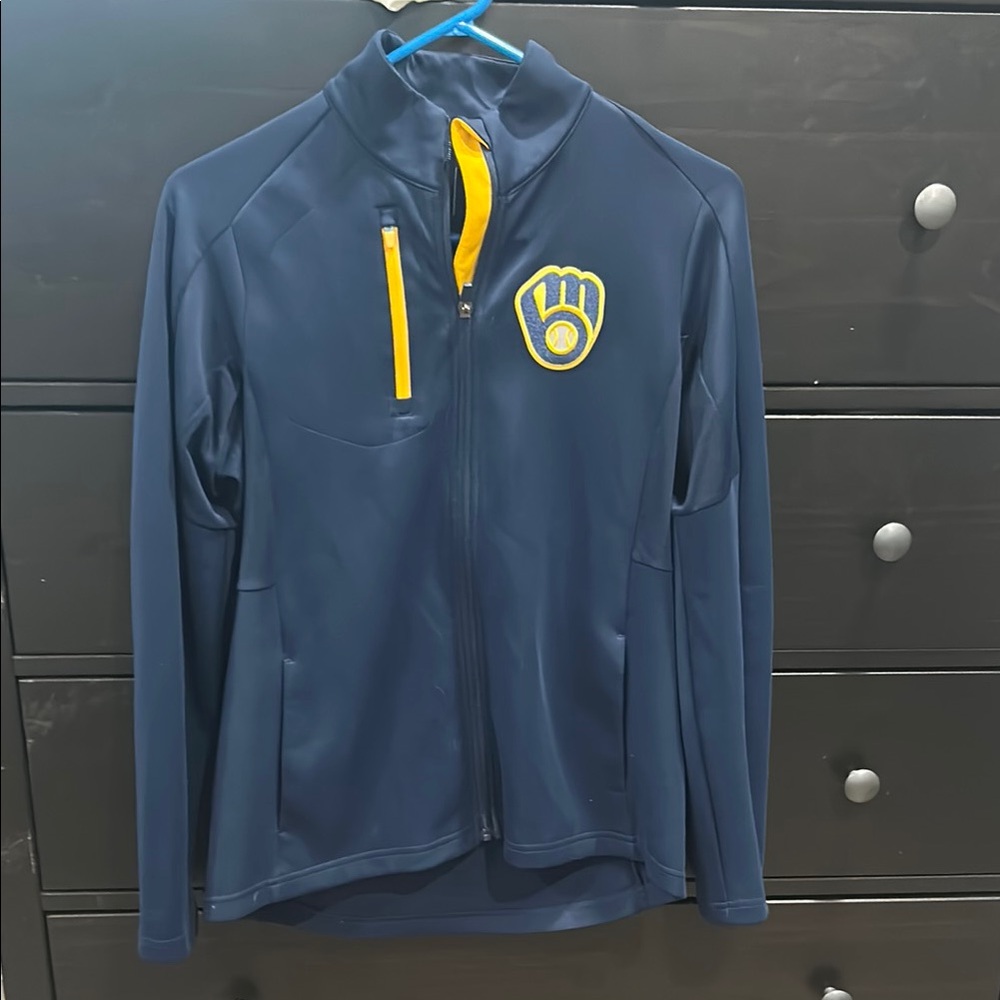 Antigua Milwaukee Brewers Navy Blue Jacket with Yellow Accents